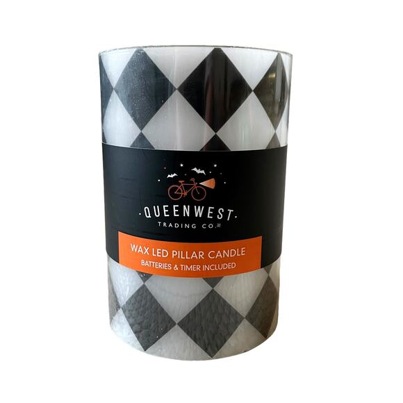 QUEENWEST Wax LED Pillar Candle Black & White Harlequin Checkered Fall Decor New - Picture 2 of 10